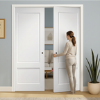 Premium White Double Pocket Door Set with Galvanised Steel Frame and Bevel-Cut Edges for Seamless Installation