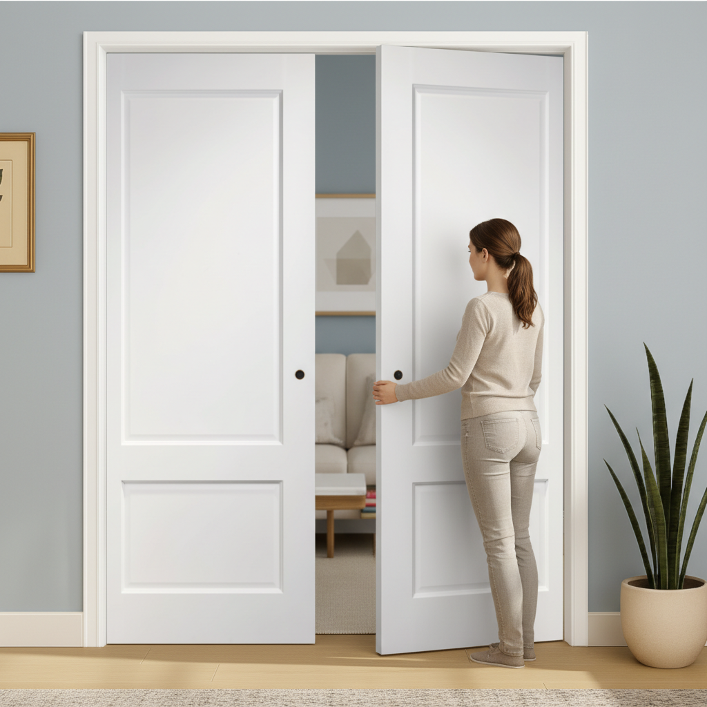 Premium White Double Pocket Door Set with Galvanised Steel Frame and Bevel-Cut Edges for Seamless Installation