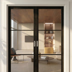 Internal French Door with 3 Light Clear Glass, Primed Finish, Industrial Style - detail view