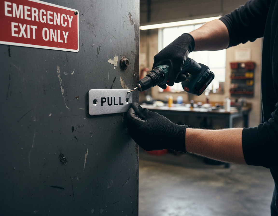 Premium Pull Door Symbol in Satin Stainless or Bright Stainless Steel Finish with Screws - Ideal for Commercial Projects