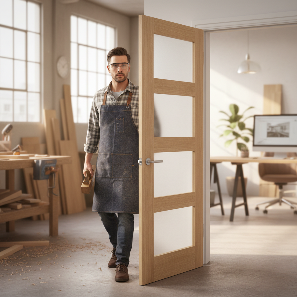 Premium Contemporary 4L Frosted Glazed Oak Door - Fully Finished with Real Oak Veneer and Frosted Safety Glass