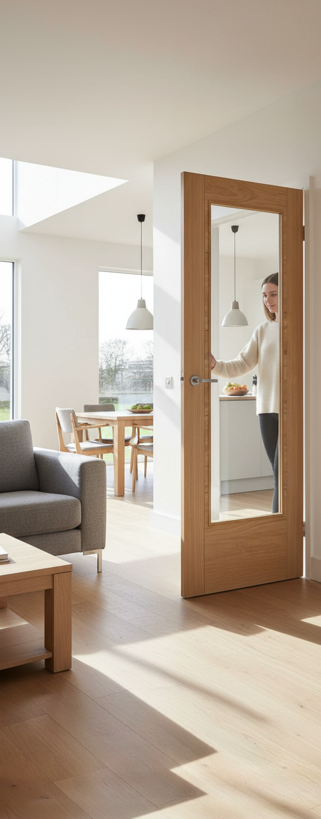 Premium Contemporary Clear Glazed Oak Interior Door with V Grooves and Satin Finish for Modern Interiors