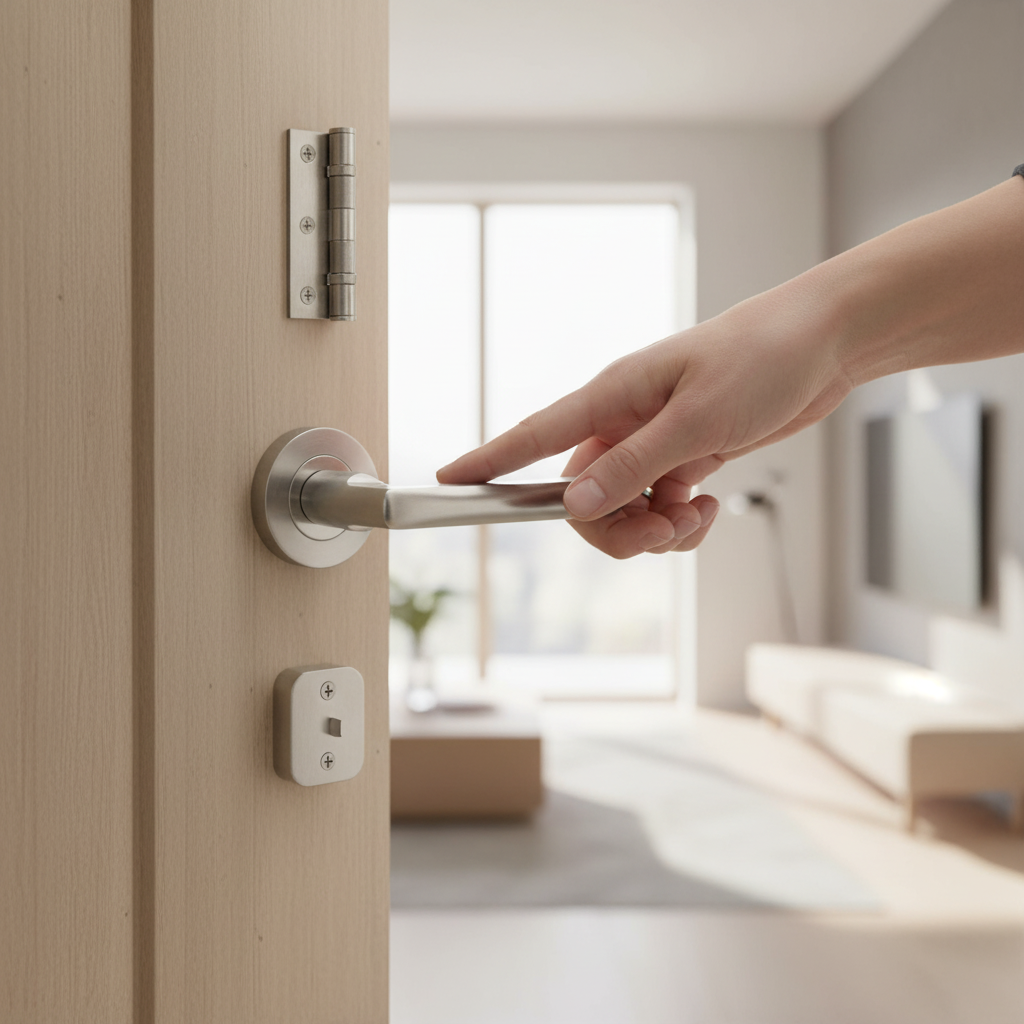 Lever On Round Rose Handle Set - Two-Tone Nickel with Latch and Satin Nickel Hinges for Interior Doors - Image 2