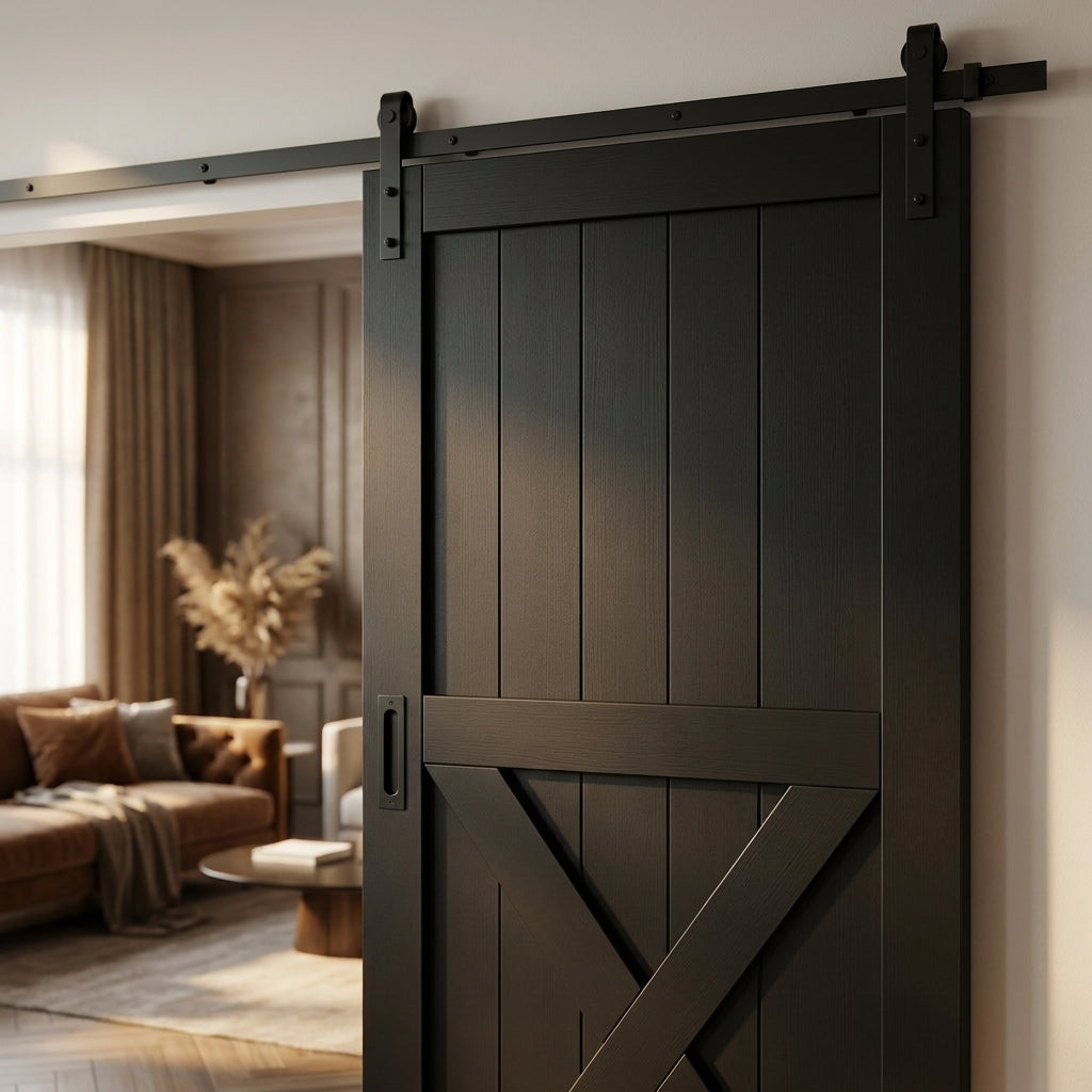 Black Internal Sliding Barn Door - Primed Finish, 1 Panel X Brace - detail view