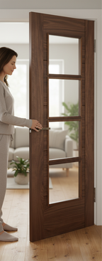 Premium Walnut Glazed Internal Door with Clear Tempered Safety Glass and Semi Solid Core for Enhanced Strength and Stability