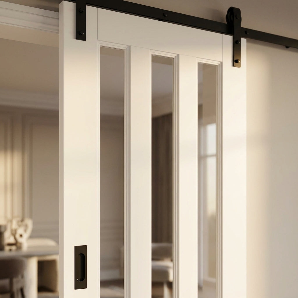 Internal White Sliding Door with 3 Light Clear Glass Glazing - Primed Finish - detail view