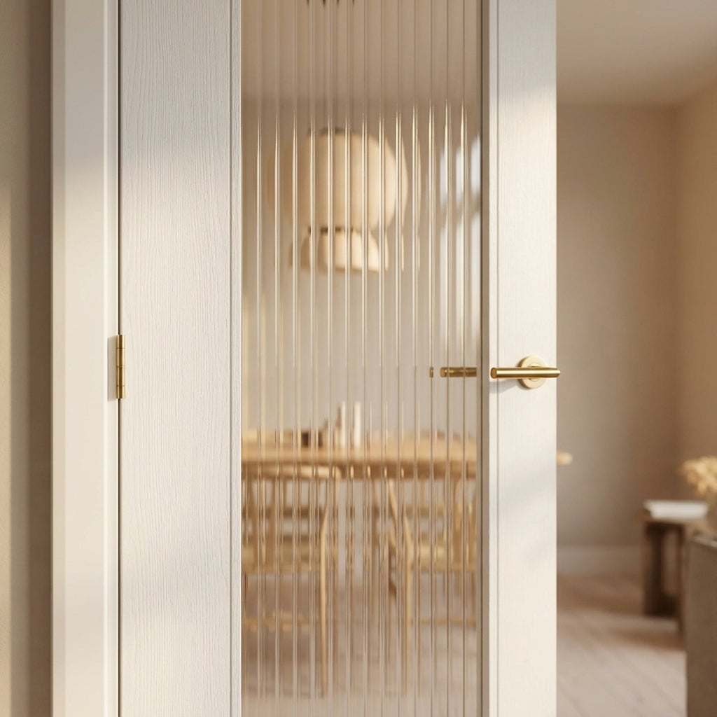 Internal White Door with 1 Light Reeded Glass, Primed Finish, Solid Core - detail view