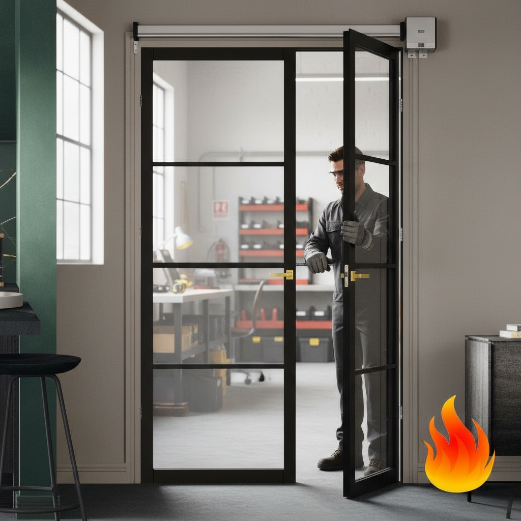 Premium Extra Slim Industrial Style 4L Offset Fire Door Pair with 30 Minutes Fire Rating and Custom Size Options