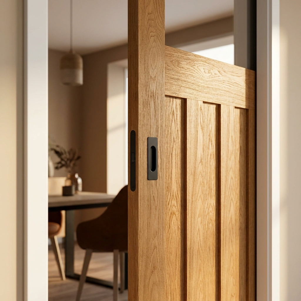 Unfinished Oak Internal Pocket Door Set 1930's 3 Panel 1 Light Clear Glass - detail view