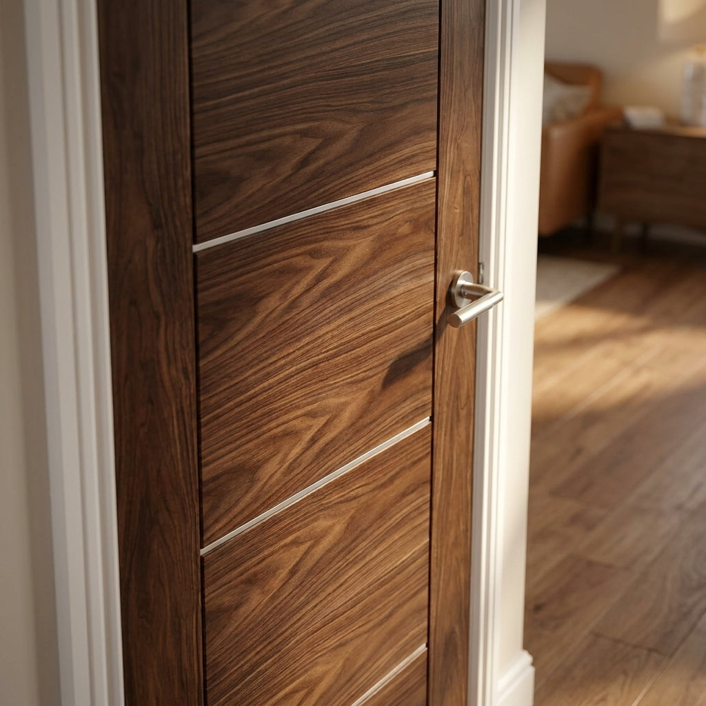 Internal 5 Panel Walnut Door, Fully Finished, Solid Engineered Core - detail view
