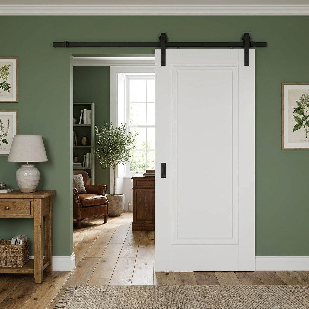 Internal Sliding Door White Primed Elegance Lancaster 1 Panel with Black Top Mount
