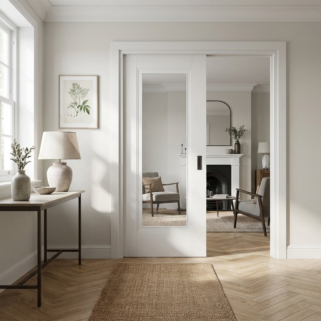 Internal Pocket Door Set with Clear Glass, White Primed, 1 Light, 100mm