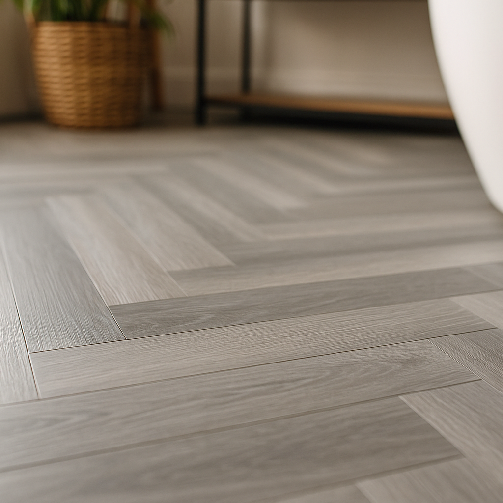 Herringbone Rigid Core LVT Flooring in Cool Grey, 5.5mm Thickness - detail view