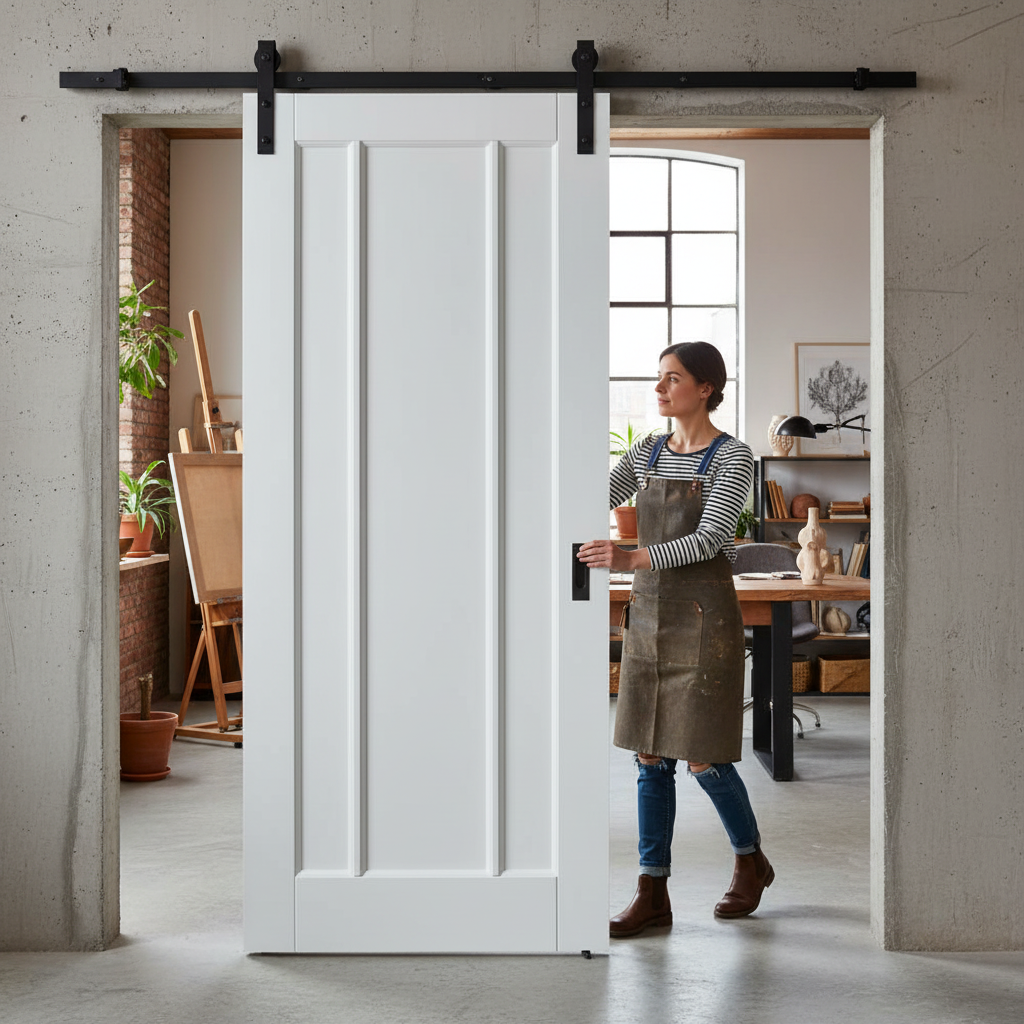 White Primed Sliding Door Set with Modern Three-Panel Design and Space-Efficient Mechanism for Stylish Interiors - Image 2
