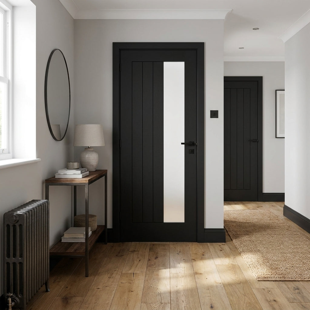Black Internal Made-to-Measure Fully Finished Oak Door with 1 Light Offset Obscure Glass
