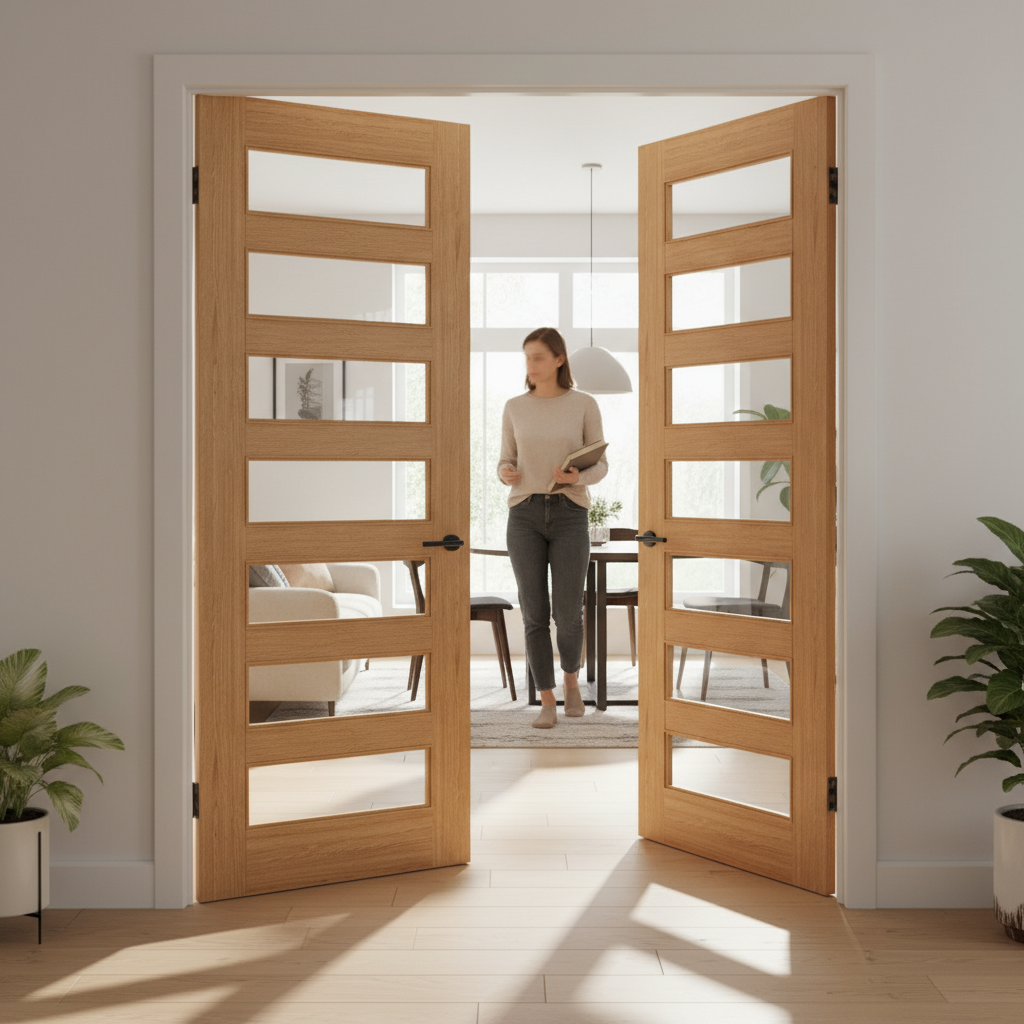 Premium Clear Glazed Oak Door Pair with Solid Core and Toughened Glass for Stylish Interiors