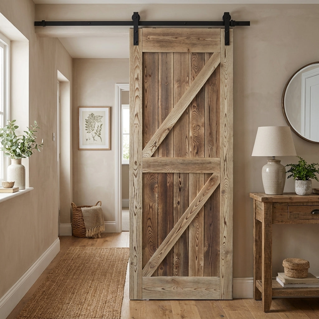 Sliding Barn Door, Internal Pine, Carbonised Z Brace, Black Top Mounted, Unfinished