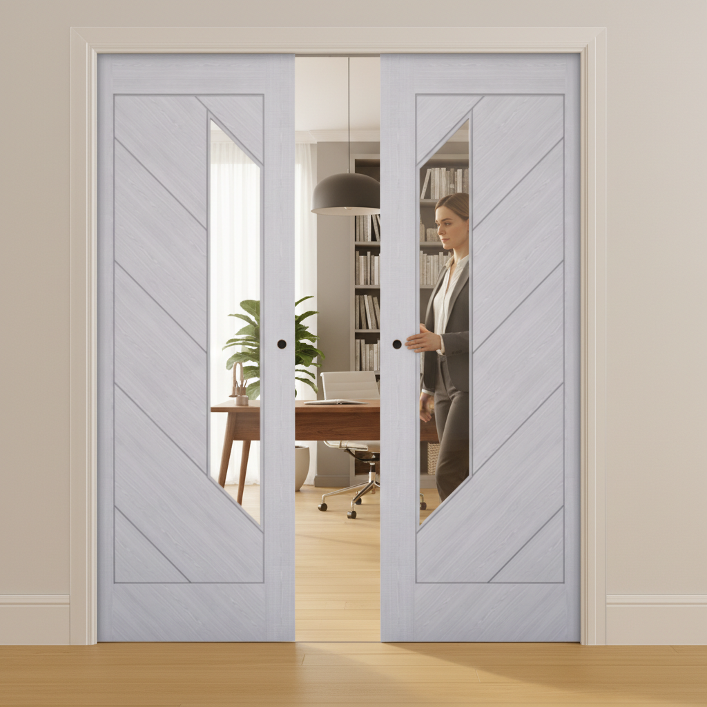 Premium Clear Glazed Double Pocket Door Set with Ash Veneer and Galvanised Steel Frame for Contemporary Interior Design