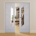 Premium Clear Glazed Double Pocket Door Set with Ash Veneer and Galvanised Steel Frame for Contemporary Interior Design