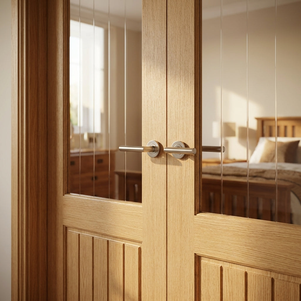Internal Oak Door Unfinished with 1 Panel and 1 Light Obscure Glazing - detail view