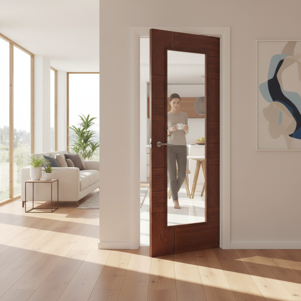 Premium Internal Fully Finished Walnut Clear Glazed Door with Engineered Construction and Deep U-Groove Design for Modern Interiors
