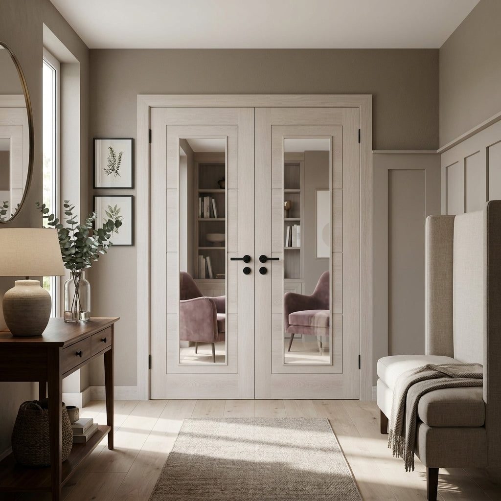 Ivory Internal Double Door with Clear Glass, Fully Finished, Laminate