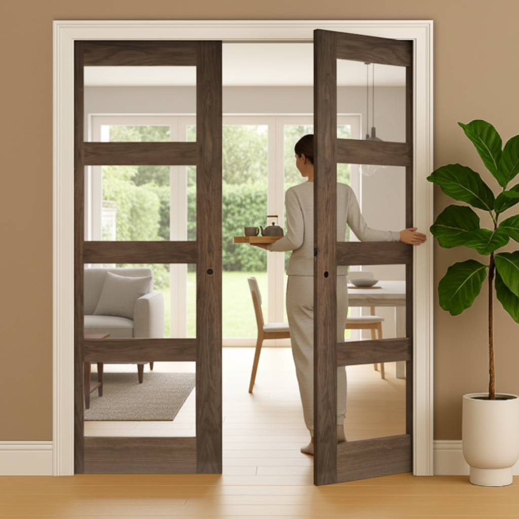 Premium Clear Glazed Double Pocket Door Set with Walnut Veneer Frame and Galvanised Steel Pocket System