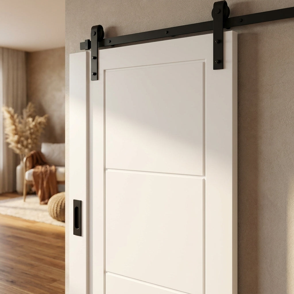 White Internal Primed Sliding Door - Temple 3 Panel Design with Black Face Mounted - detail view