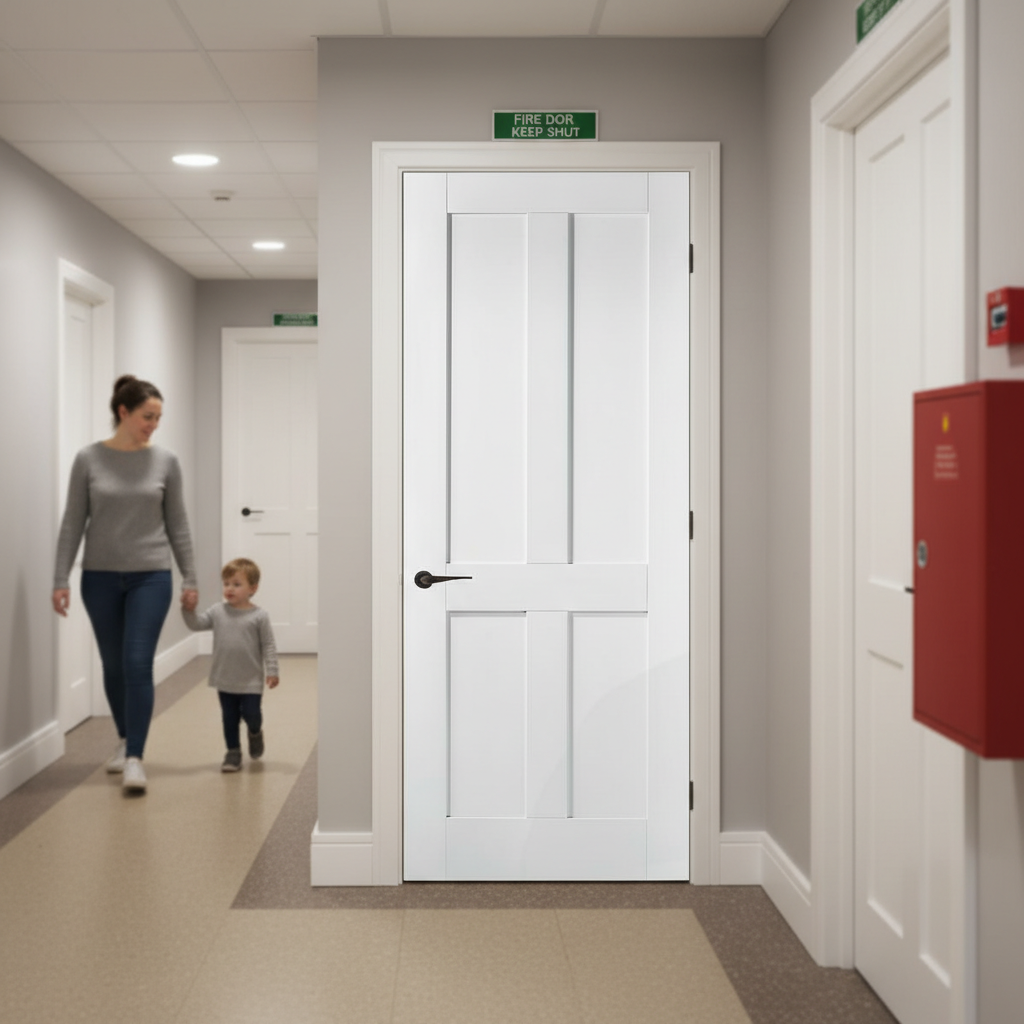Premium 4 Panel White Fire Door with Timeless Panelling for Elegant Home Design - High-Quality Professional Grade for Industrial and Commercial App...