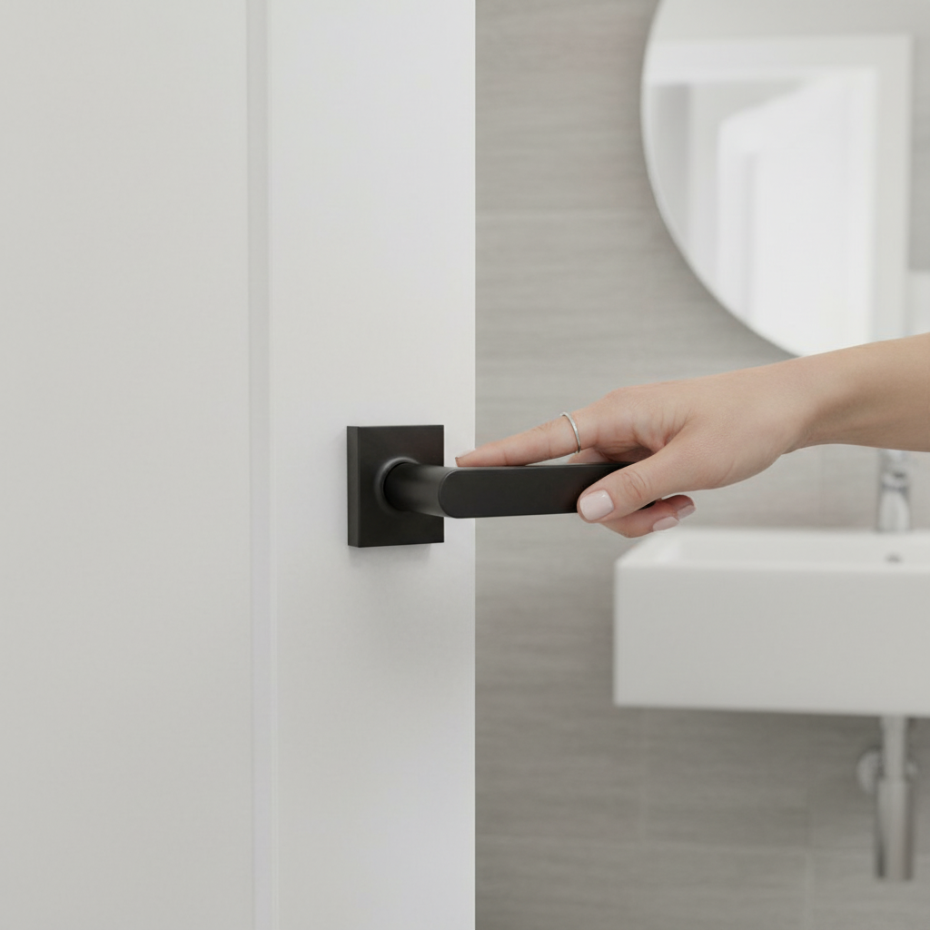 Premium Matt Black Square Rose Bathroom Door Handle Set with Slim Lever Handles and Ball Bearing Hinges - Image 2