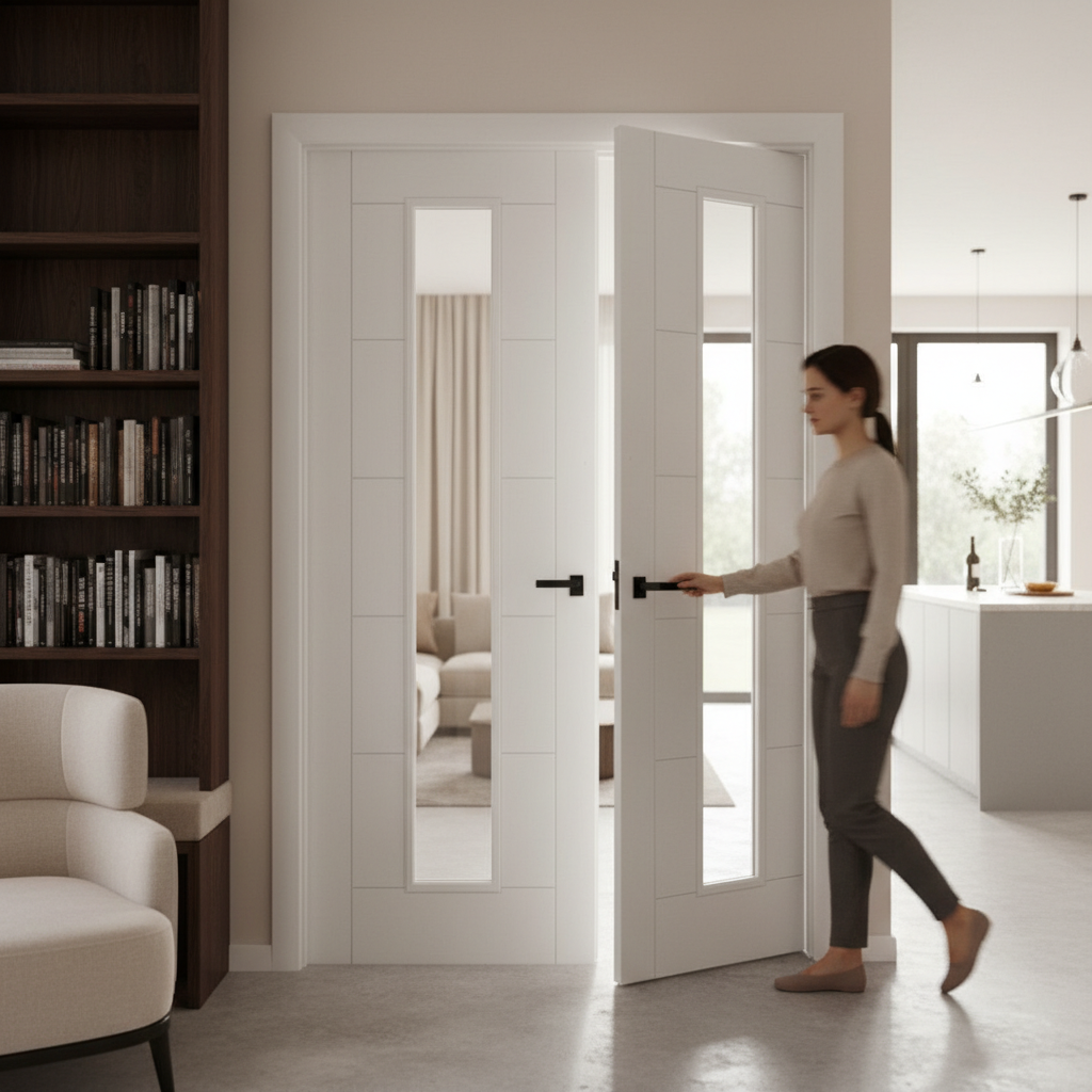 Premium White Glazed Interior Door Pair with Toughened Glass and Solid Core for Enhanced Strength and Stability