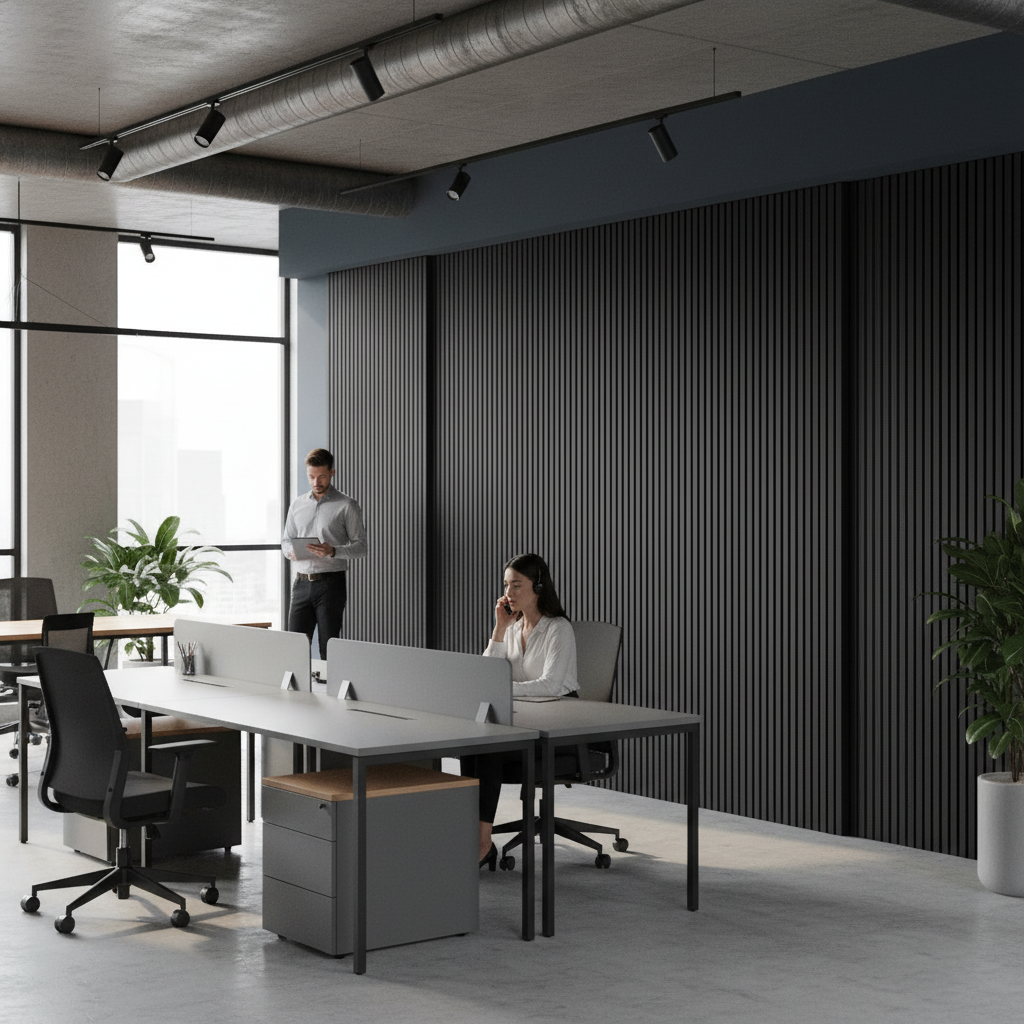 Premium Elevation Acoustic Wall Panelling in Graphite Black with Eco-Friendly Felt Backing for Enhanced Sound Quality and Modern Interiors