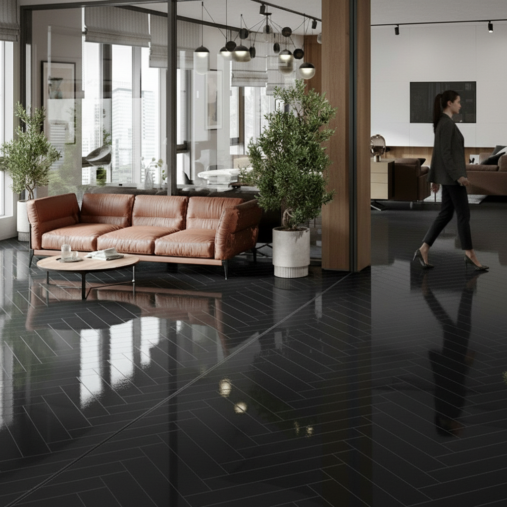 Premium High Gloss Luxury Vinyl Flooring - Black Herringbone Pattern, Water-Resistant, Click Installation System - Image 2