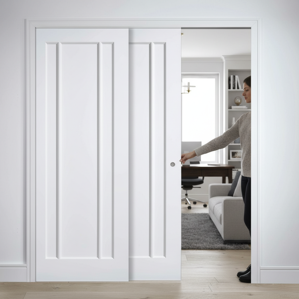 Premium 3 Panel Telescopic Pocket Door System with Solid Core, Adjustable Doorstop, and 15-Year Guarantee