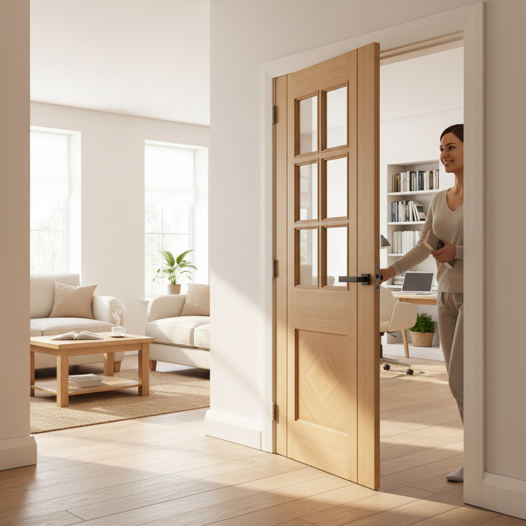 Premium Internal Oak Clear Glazed Door with Bevelled Glass Panels and Solid Core Design for Elegance and Natural Light