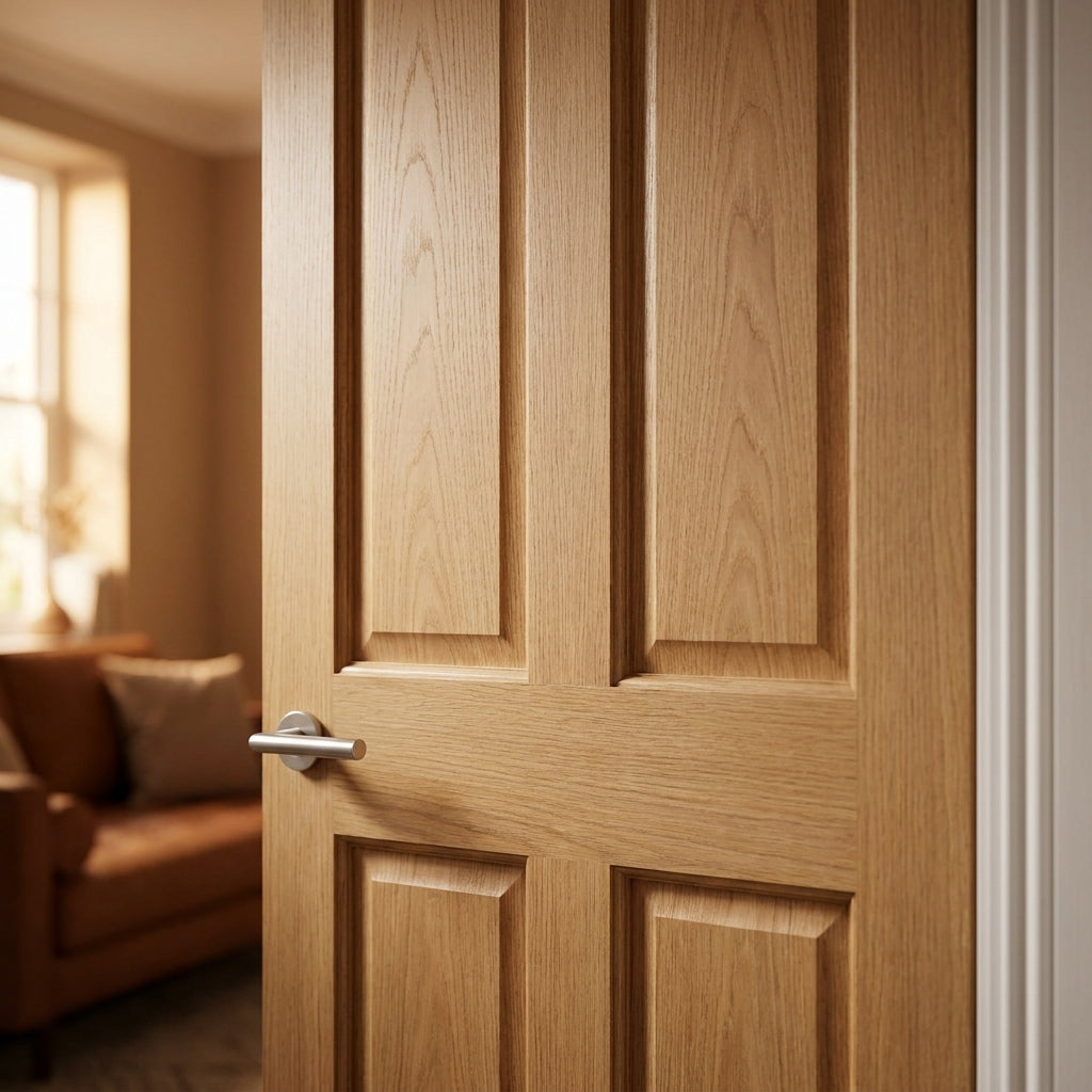 Internal Oak Door Unfinished Victorian Shaker 4 Panel Flat - detail view