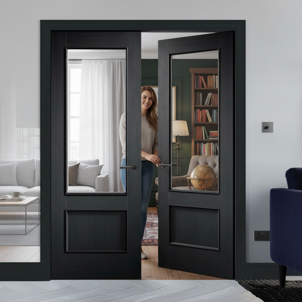 Premium Charcoal Black Clear Glazed Internal Door Pair with Traditional 3 Panel Design and Safety Glass