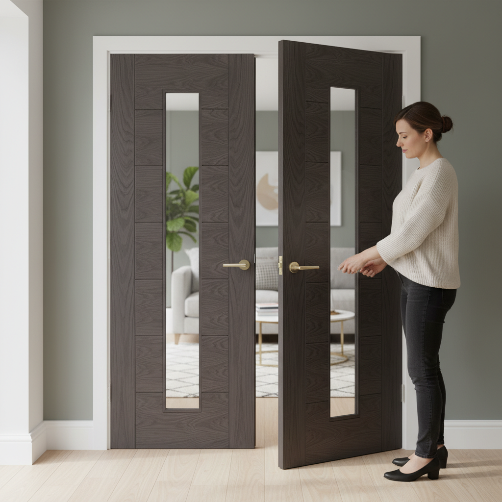 Premium Contemporary Glazed Door Pair in Umber Grey with Tempered Glass for Open Plan Living and Privacy