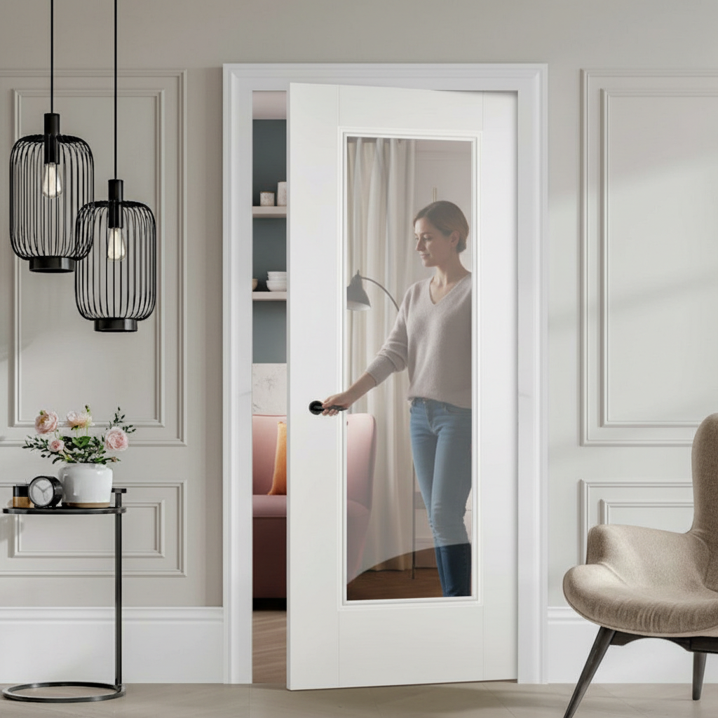 Premium White Primed Glazed Pocket Door Set with Galvanised Steel Frame and Adjustable Jamb Kit for Modern Interiors
