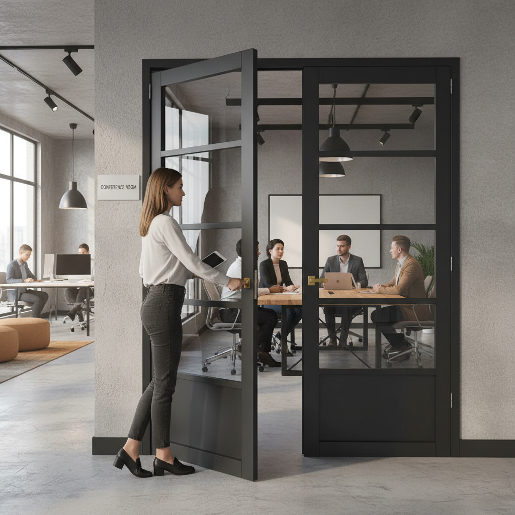 Premium Custom Made Industrial Style Door Pair - Black 5 Panel Design with Solid Core and Pocket Door Compatibility