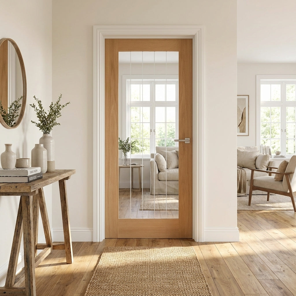 Oak Internal Door Fully Finished with Lined Toughened Safety Glass