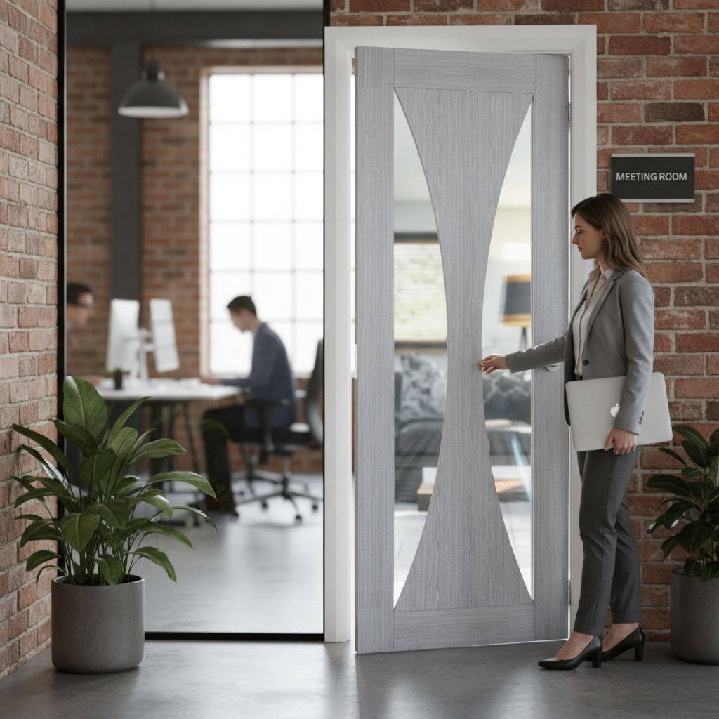 Premium Clear Glazed Grey Interior Door with Real Light Grey Ash Veneer and Solid Core Construction, Prefinished for Contemporary Style