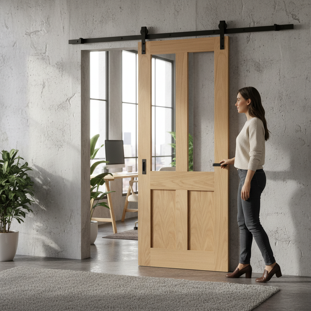 Premium Internal Unfinished Victorian Shaker Sliding Door with Clear Glass Panels and Stylish Black Track Mechanism