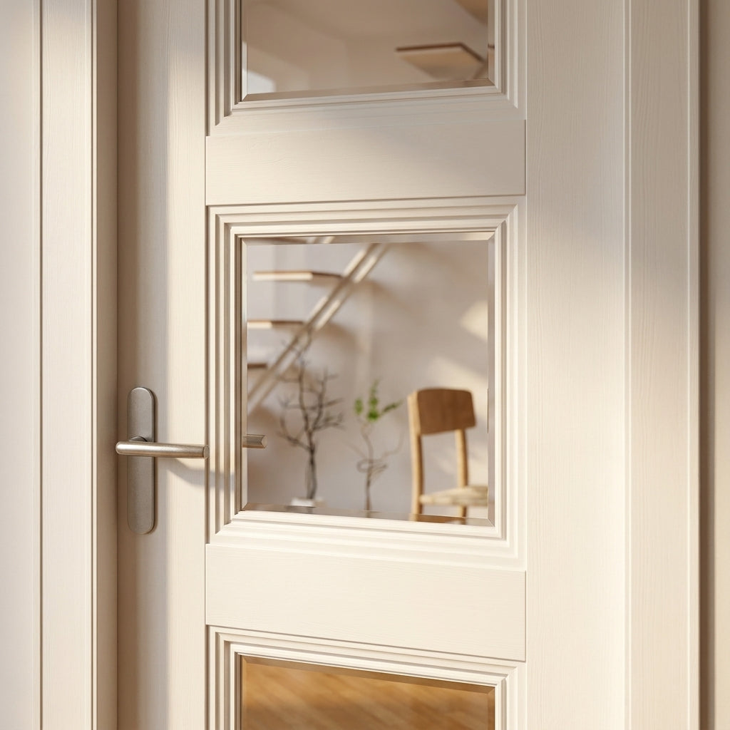 Internal White Door with Primed Finish and 3 Light Clear Glass Panels - detail view