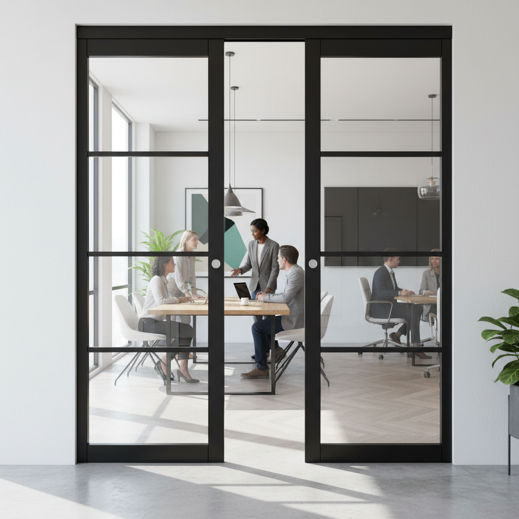 Premium Industrial Style Clear Glazed Double Pocket Door Set with Adjustable Frame and Galvanized Steel Construction