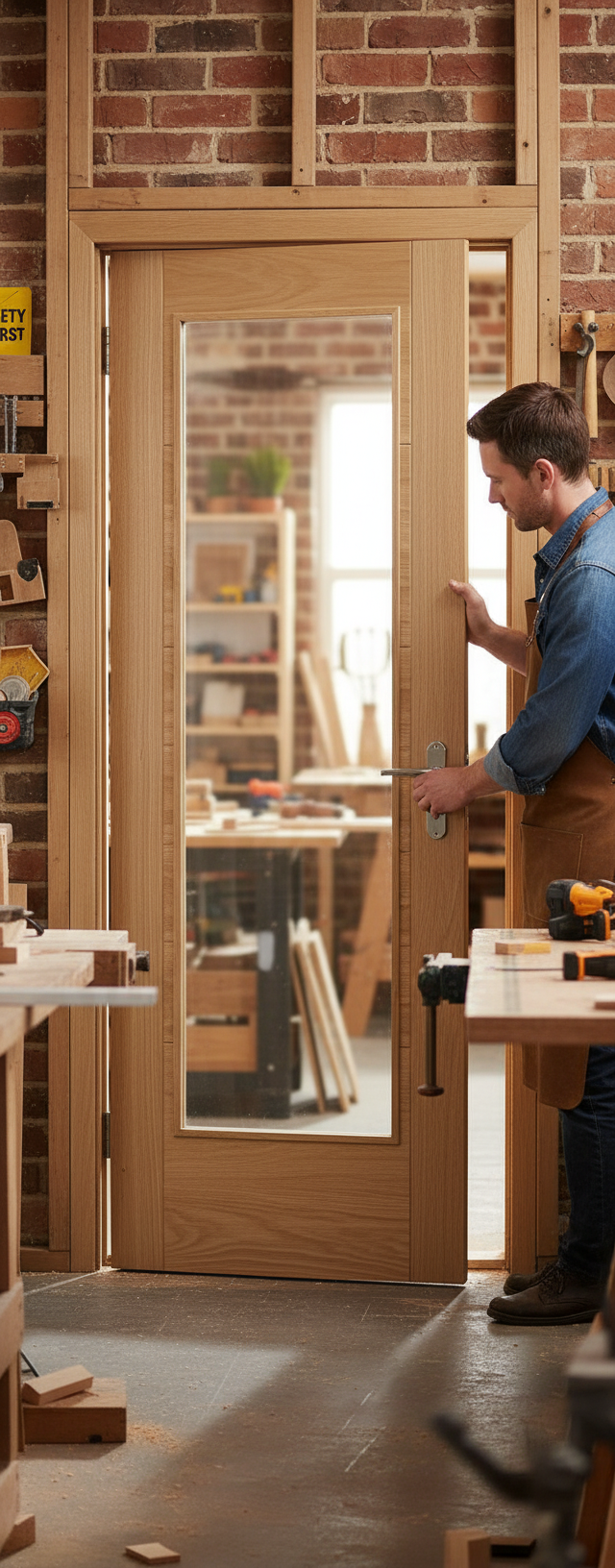 Premium Contemporary Clear Glazed Oak Interior Door with V Grooves and Satin Finish for Modern Interiors