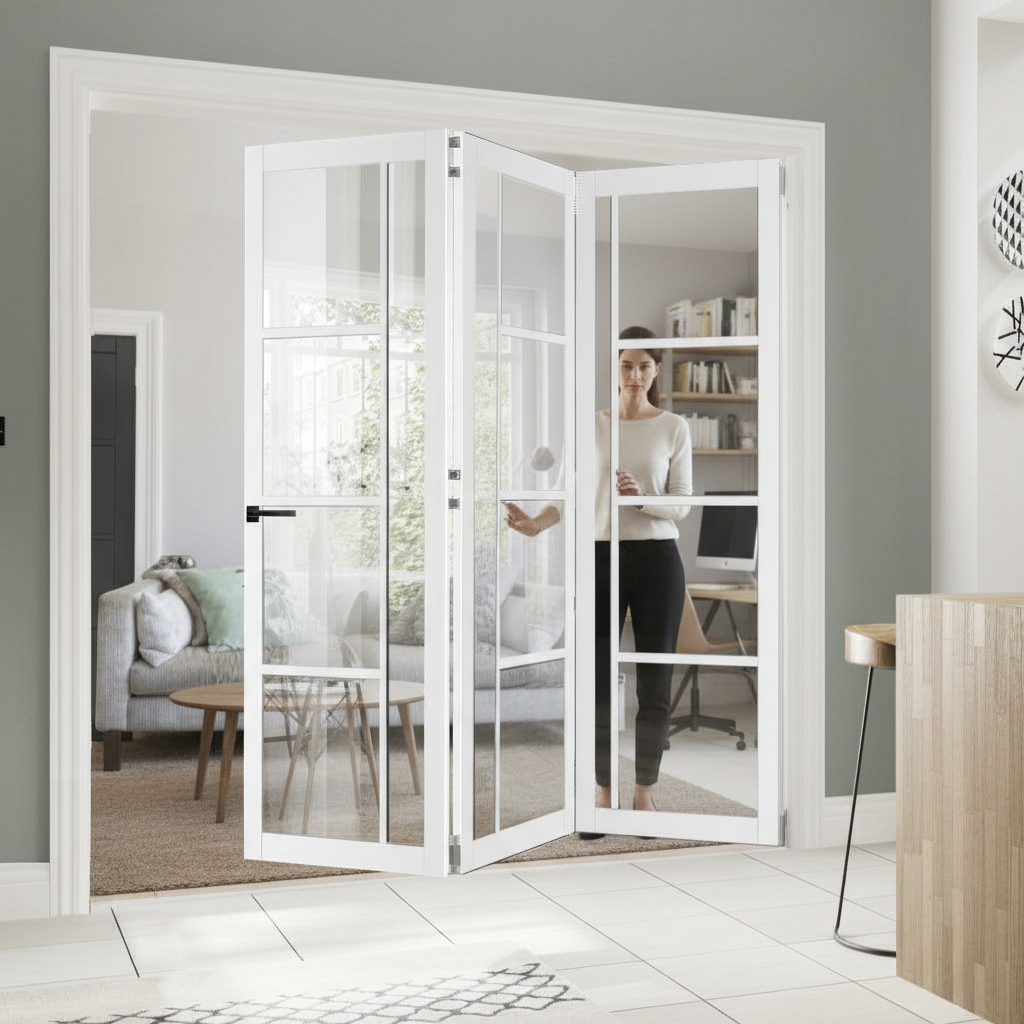 Professional Clear Glazed Industrial Style Room Divider with Bi-Folding Doors for Flexible Room Configurations