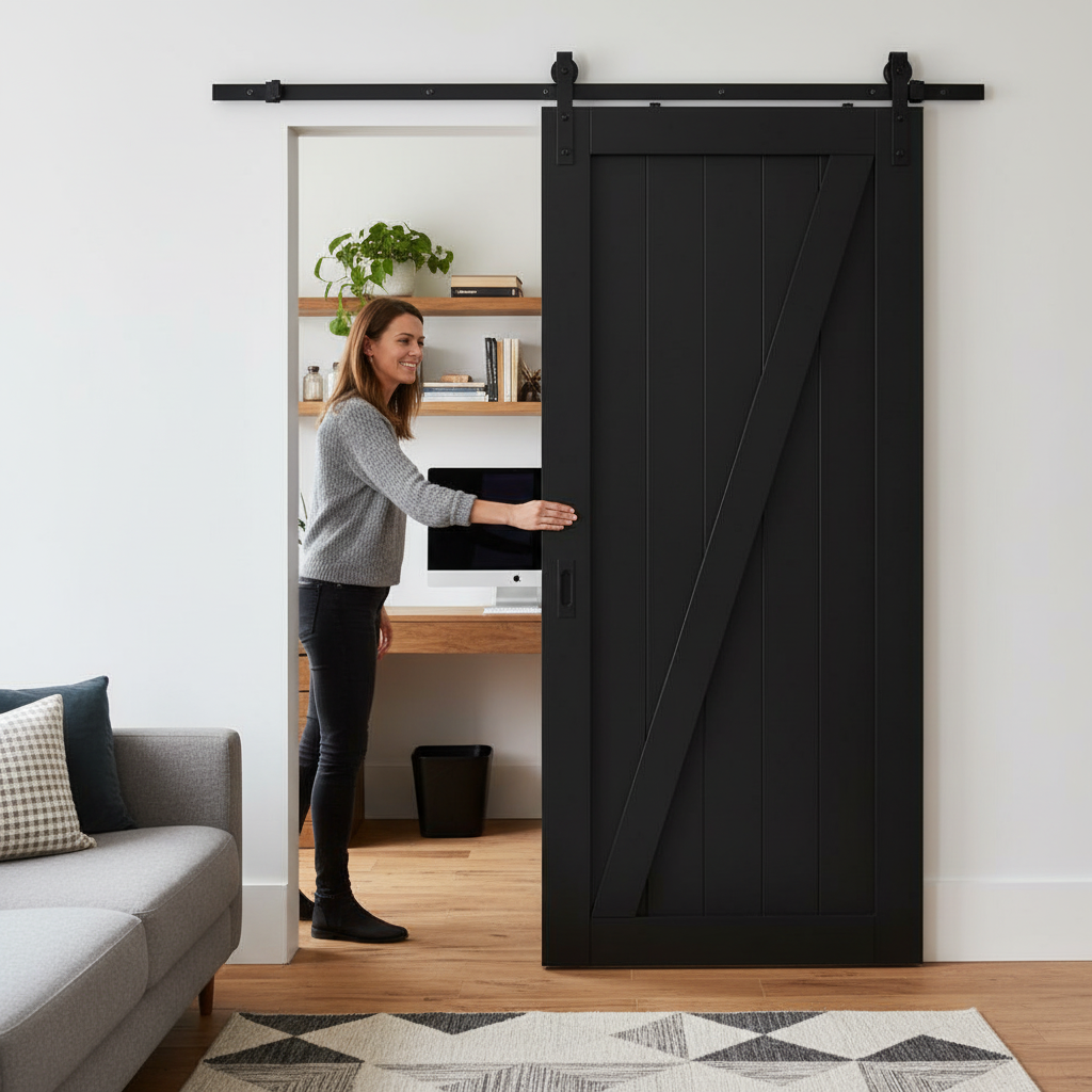 Premium Internal Primed 1 Panel Brace Sliding Barn Door with Black Finish and Top-Mounted Mechanism for Modern Home Aesthetics - Image 2
