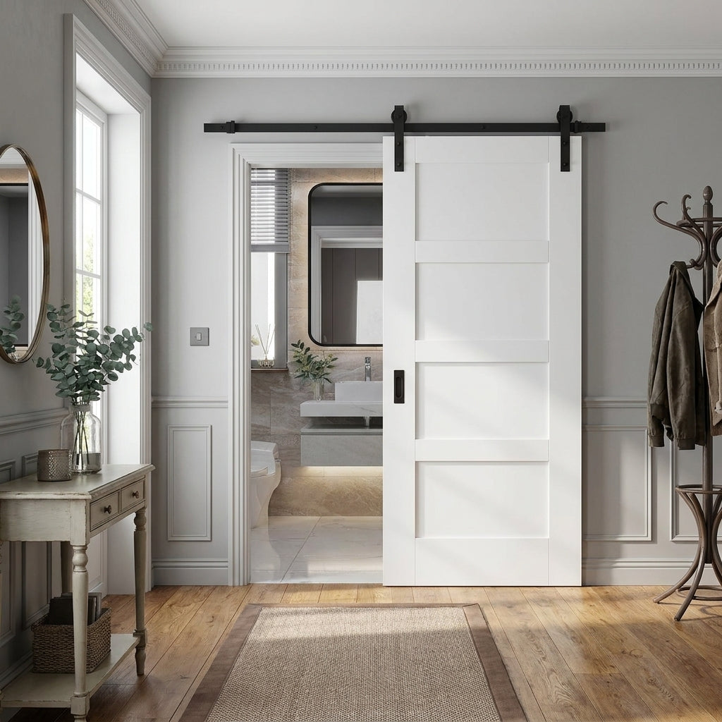 Internal Sliding Door - White Primed Shaker 4 Panel Design with Solid Engineered Core