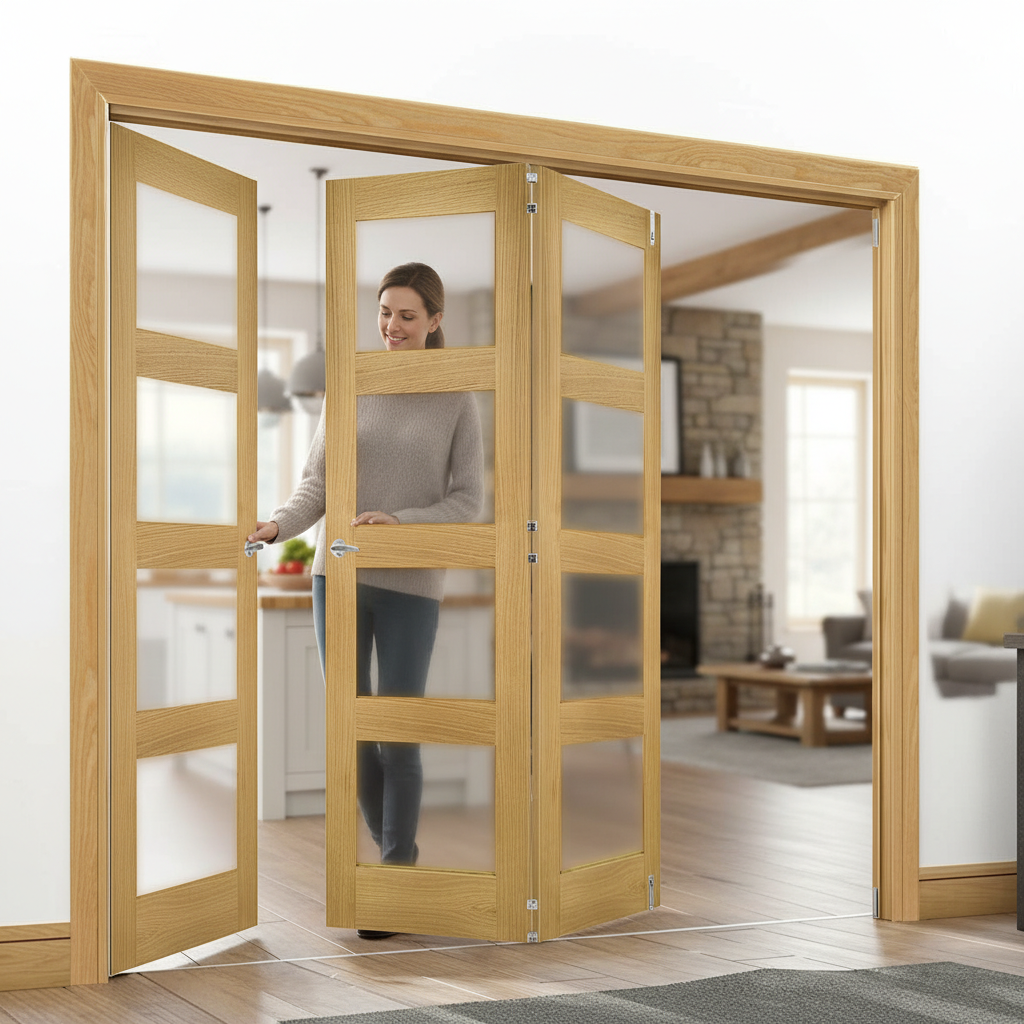 Premium Fully Finished Oak Obscure Glazed Room Divider with Bi-Folding Doors and Top Hung System for Space Flexibility